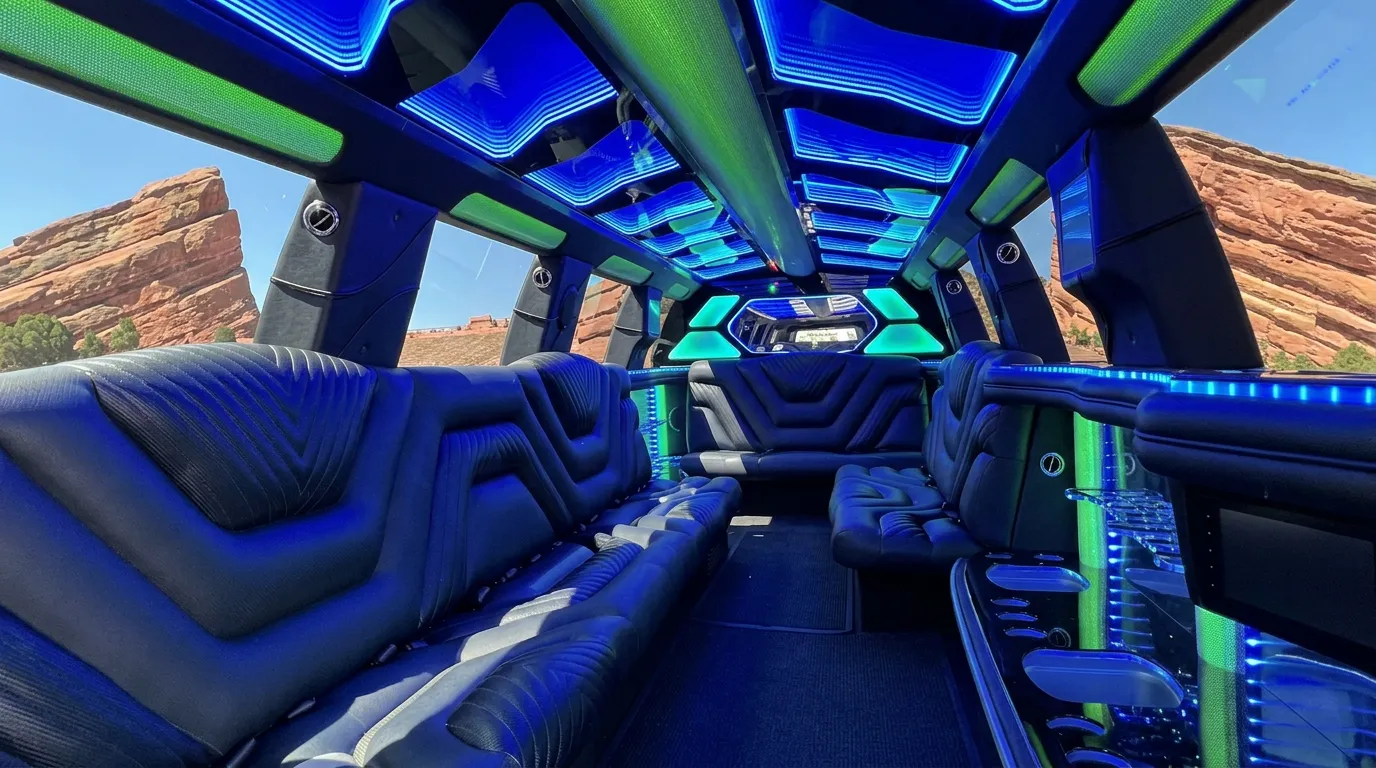 Inside the Chevy Suburban limo in Timnath: LED light-show ceiling, leather lounge seating and lit bar