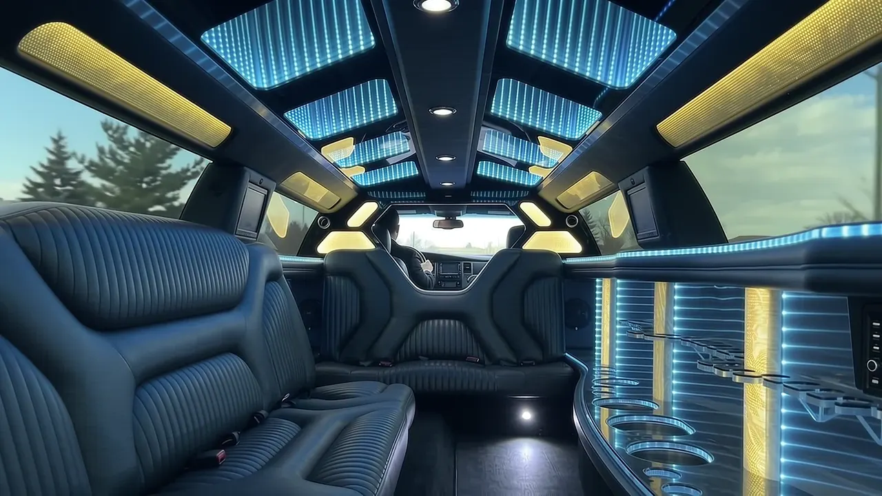 Inside the Dodge Charger limo in Timnath: LED light-show ceiling, leather lounge seating and lit bar
