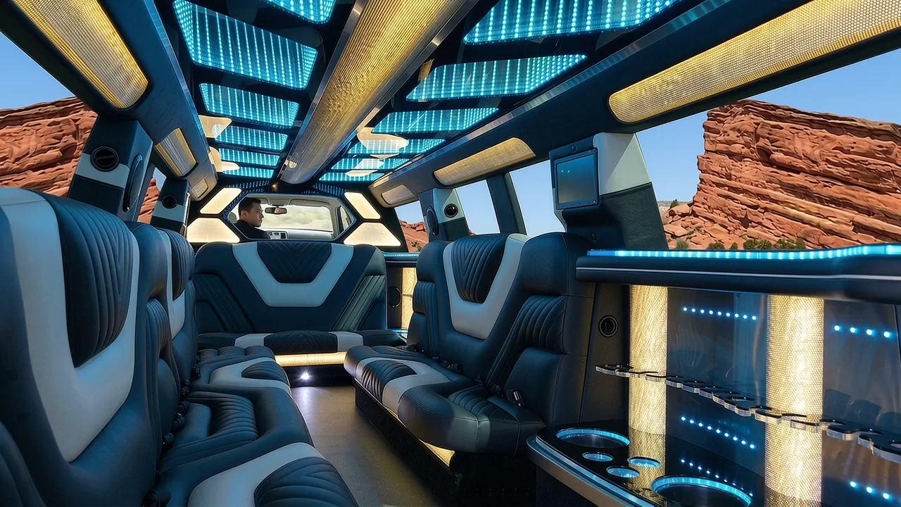 Inside the Mercedes GLS limo in Timnath: LED light-show ceiling, leather lounge seating and lit bar