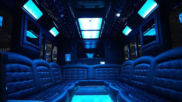 Wraparound seating and blue LED lights – Timnath limo service